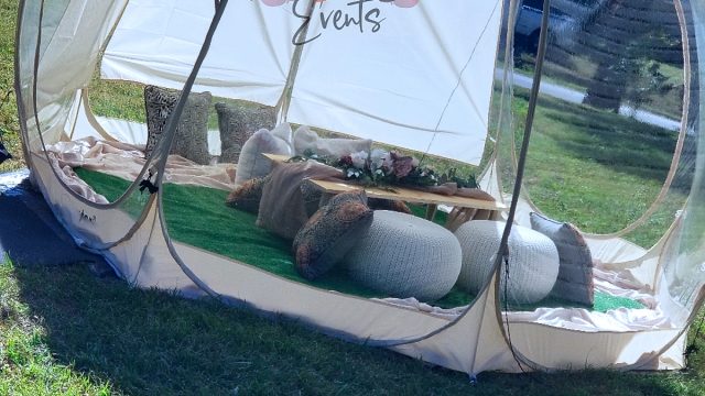 Bubble tent and picnic setup